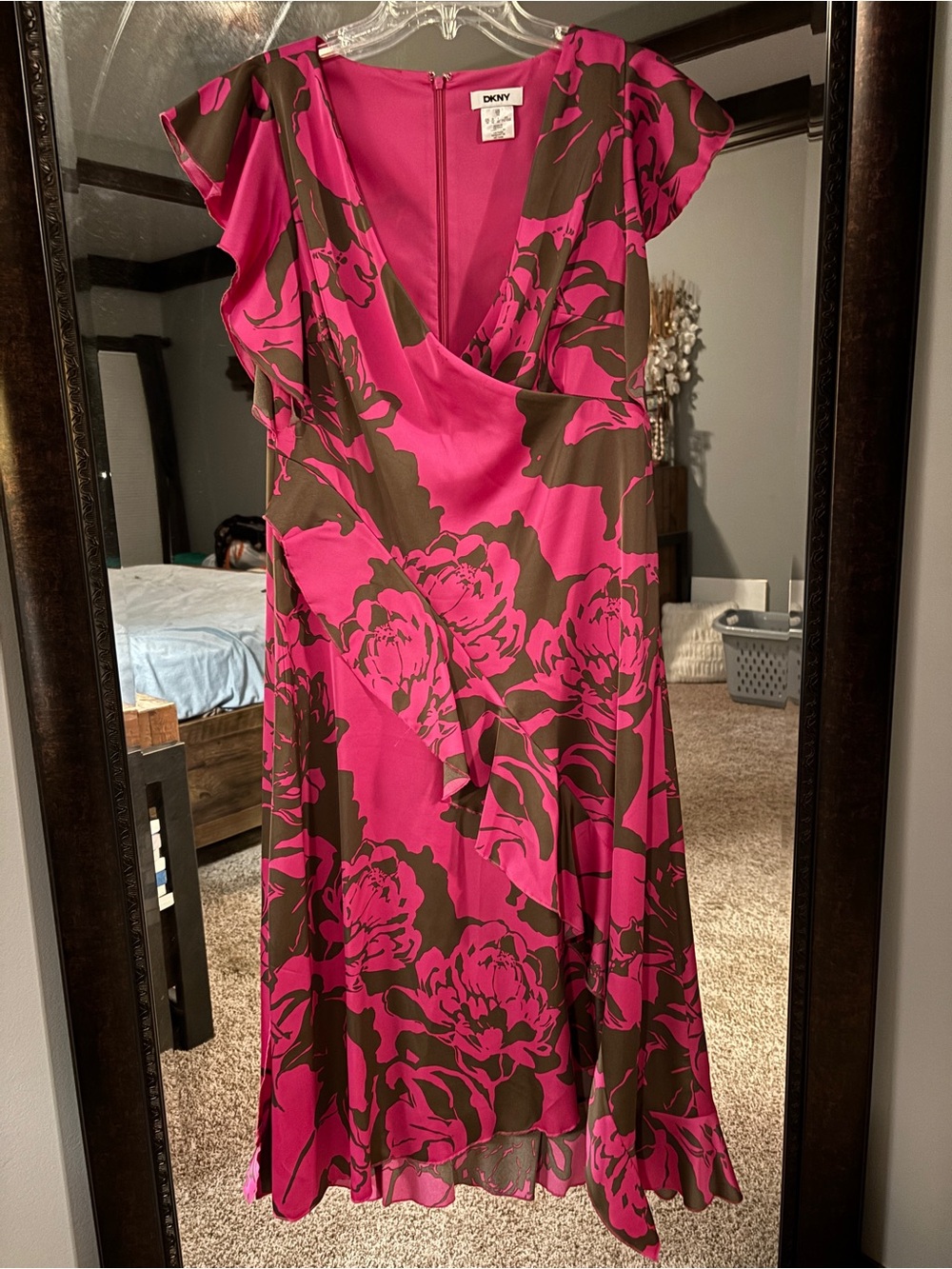 DKNY Pink and Brown Floral Midi Wrap Dress